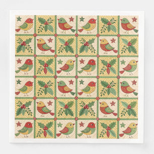 Vintage Folk Art Christmas Bird Holly Pattern  Napkin