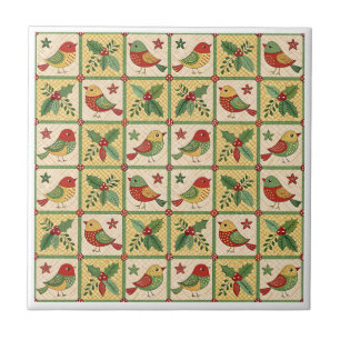 Vintage Folk Art Christmas Bird Holly Pattern Tile