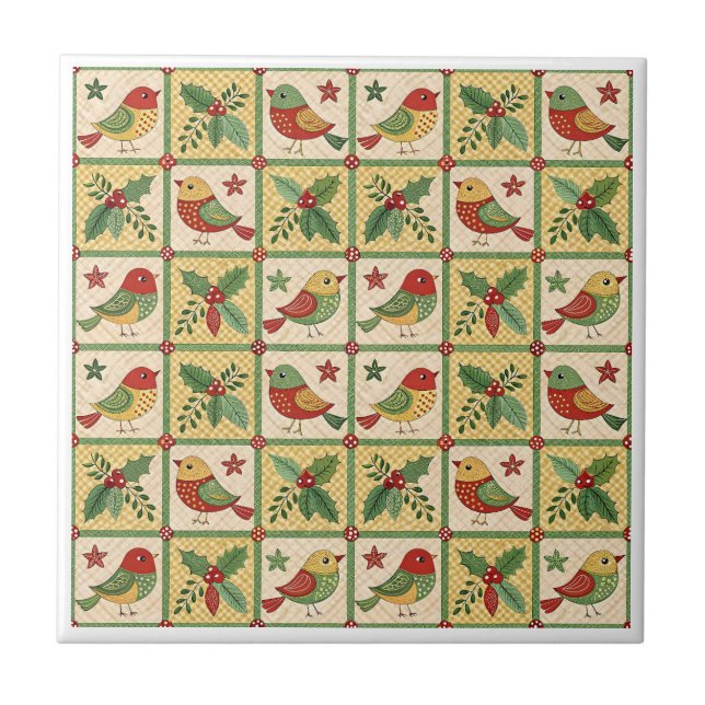 Vintage Folk Art Christmas Bird Holly Pattern  Tile (Front)