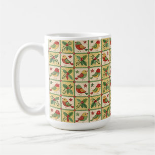 Vintage Folk Art Christmas Birds & Holly Berry Coffee Mug