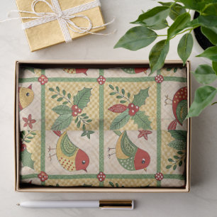 Vintage Folk Art Christmas Birds & Holly Berry Tissue Paper