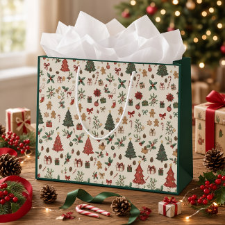 Vintage Folk Art Christmas Large Gift Bag