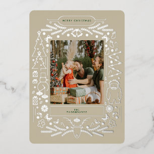Vintage Folk Art Christmas Photo Foil Holiday Card