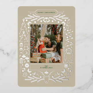 Vintage Folk Art Christmas Photo Foil Holiday Card