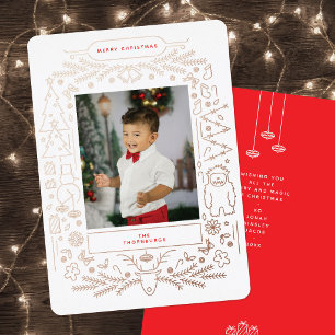 Vintage Folk Art Christmas Photo Foil Holiday Card