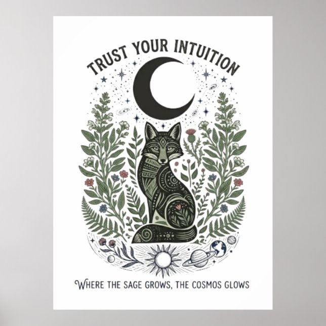  Vintage Folk Art Fox Sage Green Celestial  Poster (Front)
