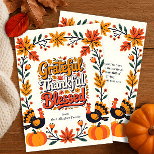 Vintage Folk Art Grateful Turkey Thanksgiving Card