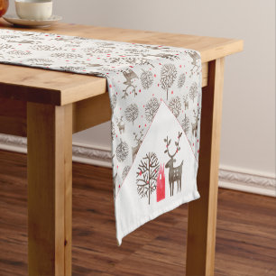 Vintage Folk Art Reindeer Trees Pattern Pearl Grey Short Table Runner