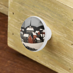 Vintage Folk Art Winter Village Scene Ceramic Knob
