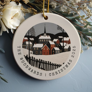 Vintage Folk Art Winter Village Scene Christmas Ceramic Tree Decoration