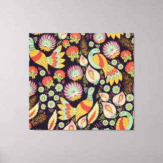 Vintage Folk Floral Birds Ornament Canvas Print