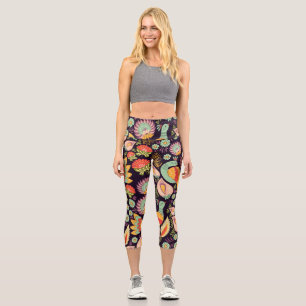 Vintage Folk Floral Birds Ornament Capri Leggings