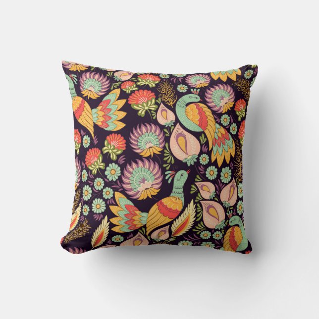 Vintage Folk Floral Birds Ornament Cushion (Front)