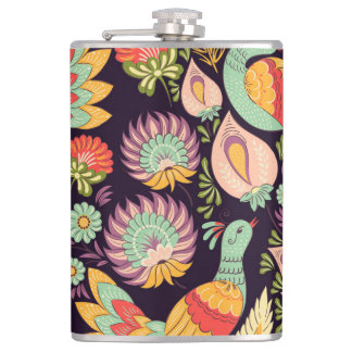 Vintage Folk Floral Birds Ornament Hip Flask