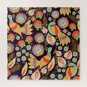 Vintage Folk Floral Birds Ornament Jigsaw Puzzle