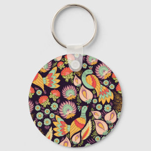 Vintage Folk Floral Birds Ornament Key Ring