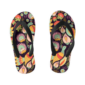 Vintage Folk Floral Birds Ornament Kid's Flip Flops