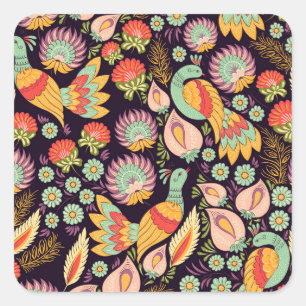 Vintage Folk Floral Birds Ornament Square Sticker