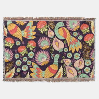 Vintage Folk Floral Birds Ornament Throw Blanket