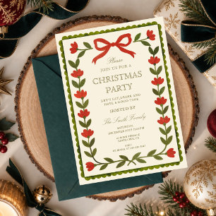 Vintage Folk Floral Christmas Party Invitation