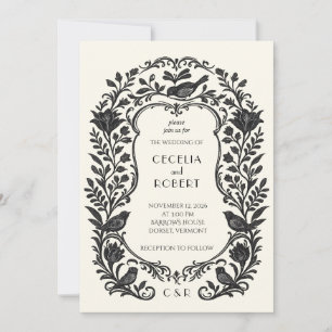 Vintage Folk Wedding Invitation Floral Bird Beige
