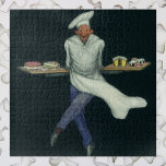 Vintage Food Business, Baker with Pastry Desserts Jigsaw Puzzle<br><div class="desc">Vintage illustration food and bakery industry design featuring a professional French baker wearing a fancy hat and an apron. A pastry chef carrying homemade pastries,  cakes,  cookies,  cupcakes,  sweets and other desserts on trays fresh from the oven in the bakery. He's so happy he looks like he's dancing!</div>