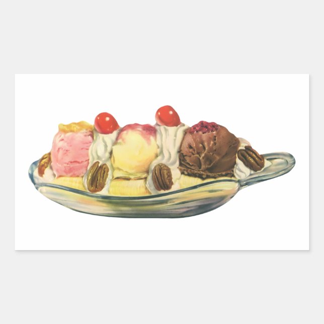 Vintage Food Desserts, Banana Split Cherries Rectangular Sticker (Front)