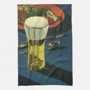 Vintage Food Drinks, Glass of Beer, Dinner Tea Towel