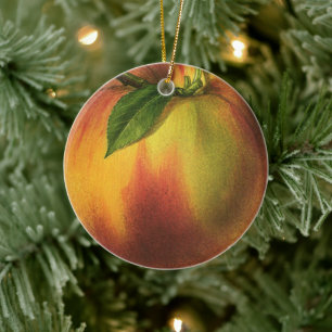 Vintage Food Fruit, Ripe Organic Peach with Leaf Ceramic Tree Decoration