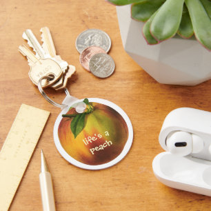 Vintage Food Fruit, Ripe Organic Peach with Leaf Key Ring
