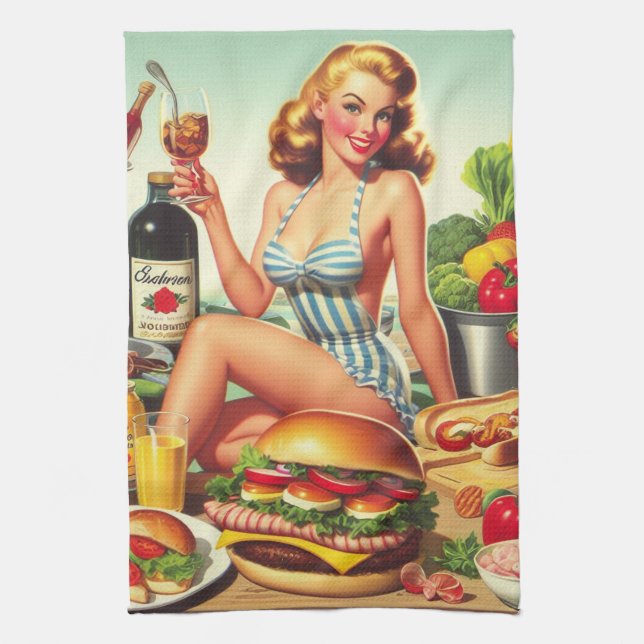 Vintage Food Pin-up Illustration Tea Towel (Vertical)