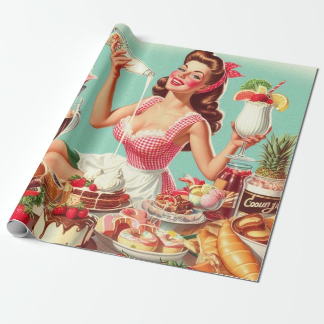 Vintage Food Pin-Up Illustration Wrapping Paper (Unrolled)