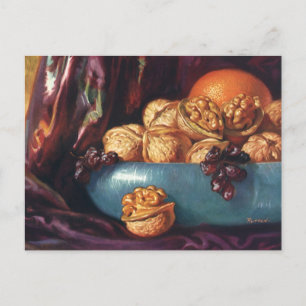 Vintage Food, Walnuts and Fruit in a Blue Bowl Postcard