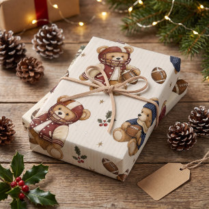 Vintage Football Teddy Bears Christmas Wrapping Pa Paper Sheet