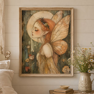 Vintage Forest Fairy with Flower Crown Fantasy Art Poster