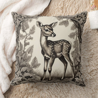 Vintage Forest Fawn Botanical Baby Deer  Cushion