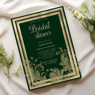 Vintage forest green gold floral Bridal Shower Invitation