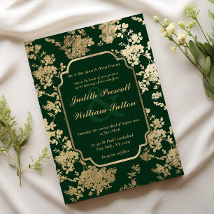 Vintage Forest Green Gold Floral Pattern Wedding Invitation