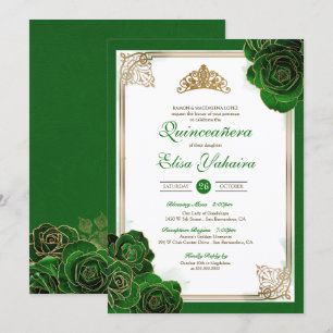 Vintage Forest Green Gold Roses Royal Quinceanera Invitation