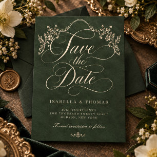 Vintage Forest Green Ornate Floral Wedding Save The Date