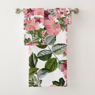 Vintage forest green pink coral bohemian floral bath towel set