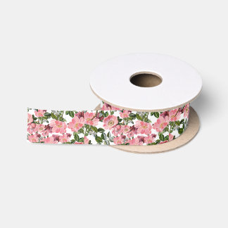 Vintage forest green pink coral bohemian floral satin ribbon