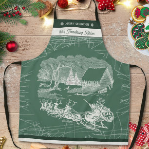 Vintage Forest Green Santa Sleigh Christmas Apron