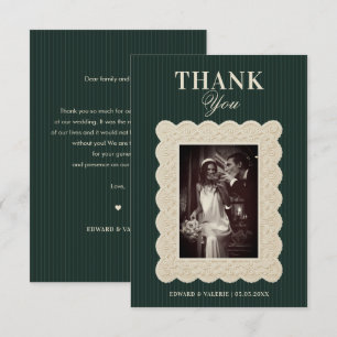 Vintage Forest Green Stripes & Ivory Lace Wedding Thank You Card