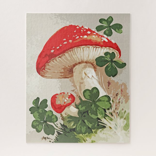 Vintage Forest Mushroom Lucky Clover Jigsaw Puzzle (Vertical)