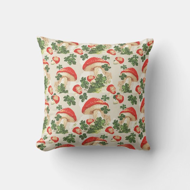 Vintage Forest Mushroom Lucky Clover Pattern Cushion (Front)