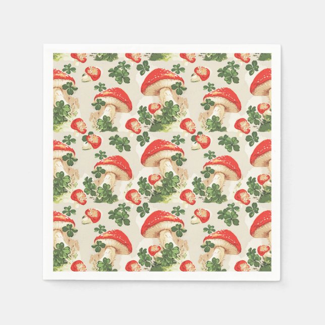 Vintage Forest Mushroom Lucky Clover Pattern Napkin (Front)