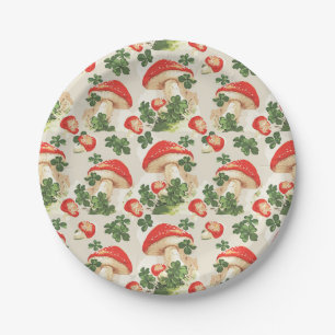 Vintage Forest Mushroom Lucky Clover Pattern Paper Plate