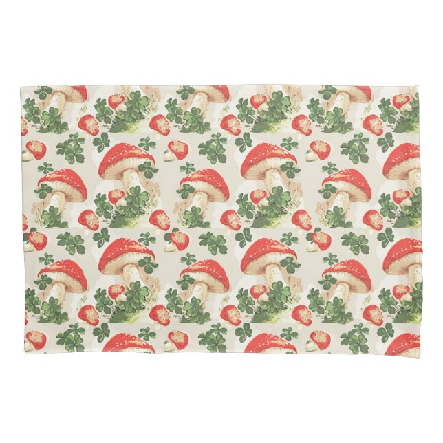 Vintage Forest Mushroom Lucky Clover Pattern Pillowcase (Front)