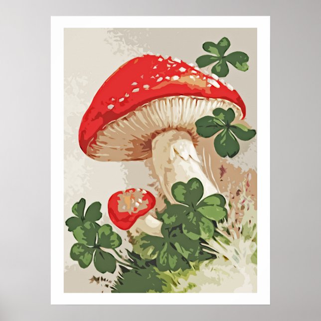 Vintage Forest Mushroom Lucky Clover Poster (Front)